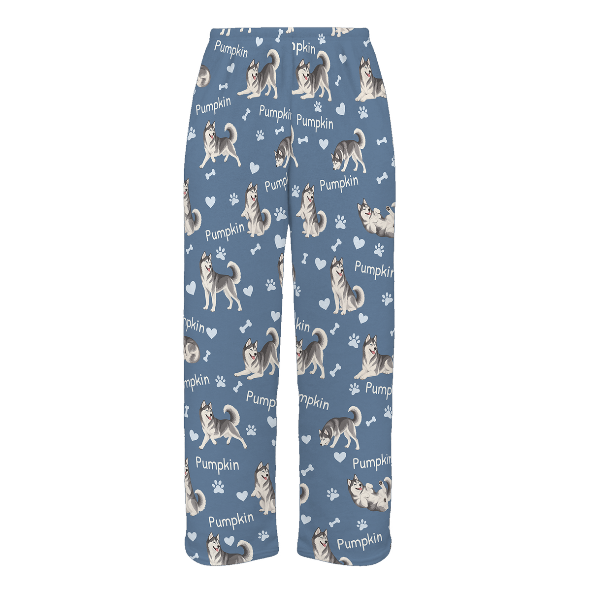 Personalized Siberian Husky Pajama Pants, Custom Pet Name Fleece Trousers, Dog Lover Gift — As shown — full-trouser view