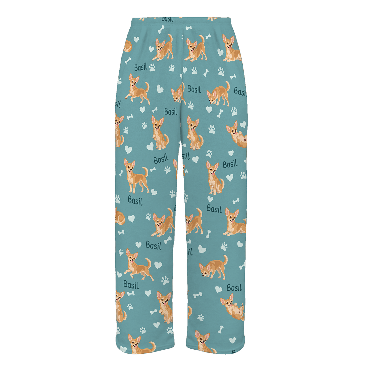 Personalized Chihuahua Pajama Pants, Custom Pet Name Fleece Trousers, Dog Lover Gift — 01 Muted Teal — full-trouser view