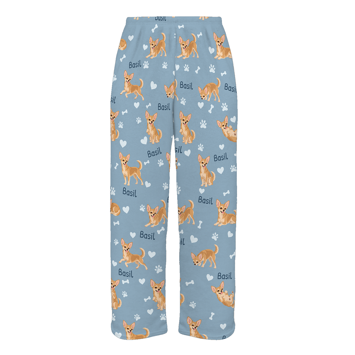 Personalized Chihuahua Pajama Pants, Custom Pet Name Fleece Trousers, Dog Lover Gift — 02 Dusty Blue — full-trouser view