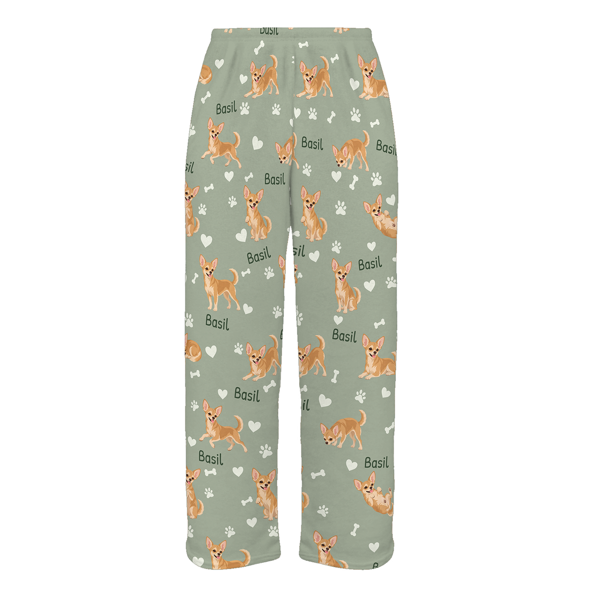 Personalized Chihuahua Pajama Pants, Custom Pet Name Fleece Trousers, Dog Lover Gift — 03 Soft Sage — full-trouser view