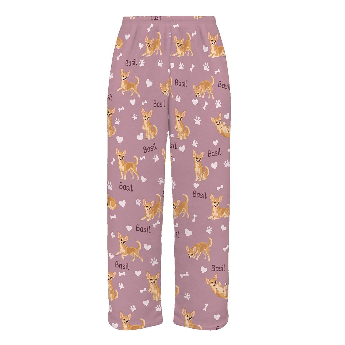Personalized Chihuahua Pajama Pants, Custom Pet Name Fleece Trousers, Dog Lover Gift — 04 Dusty Rose — full-trouser view