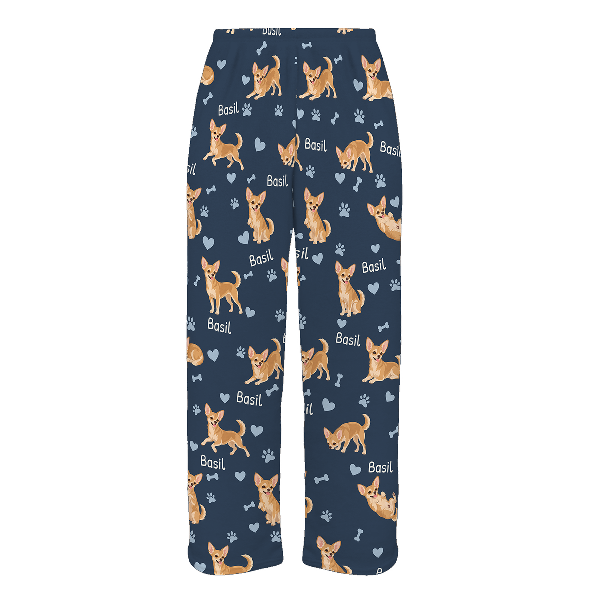 Personalized Chihuahua Pajama Pants, Custom Pet Name Fleece Trousers, Dog Lover Gift — 05 Deep Navy — full-trouser view