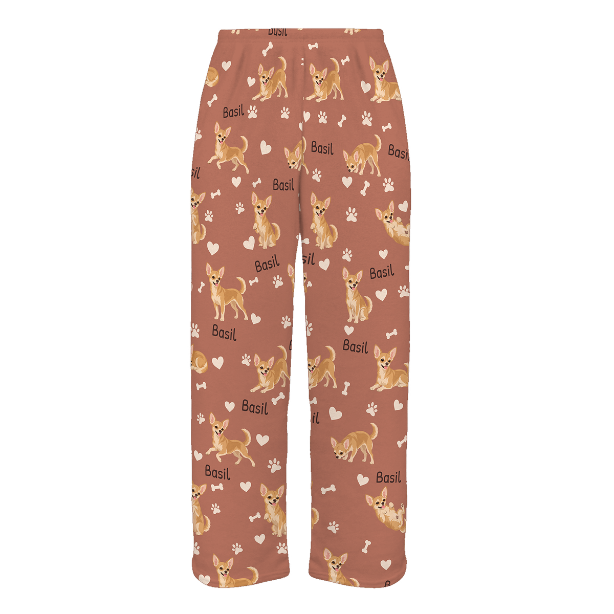 Personalized Chihuahua Pajama Pants, Custom Pet Name Fleece Trousers, Dog Lover Gift — 06 Muted Terracotta — full-trouser view
