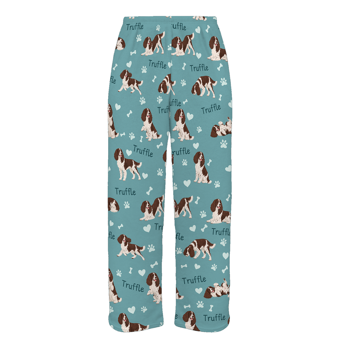 Personalized English Springer Spaniel Pajama Pants, Custom Pet Name Fleece Trousers, Dog Lover Gift — 01 Muted Teal — full-trouser view