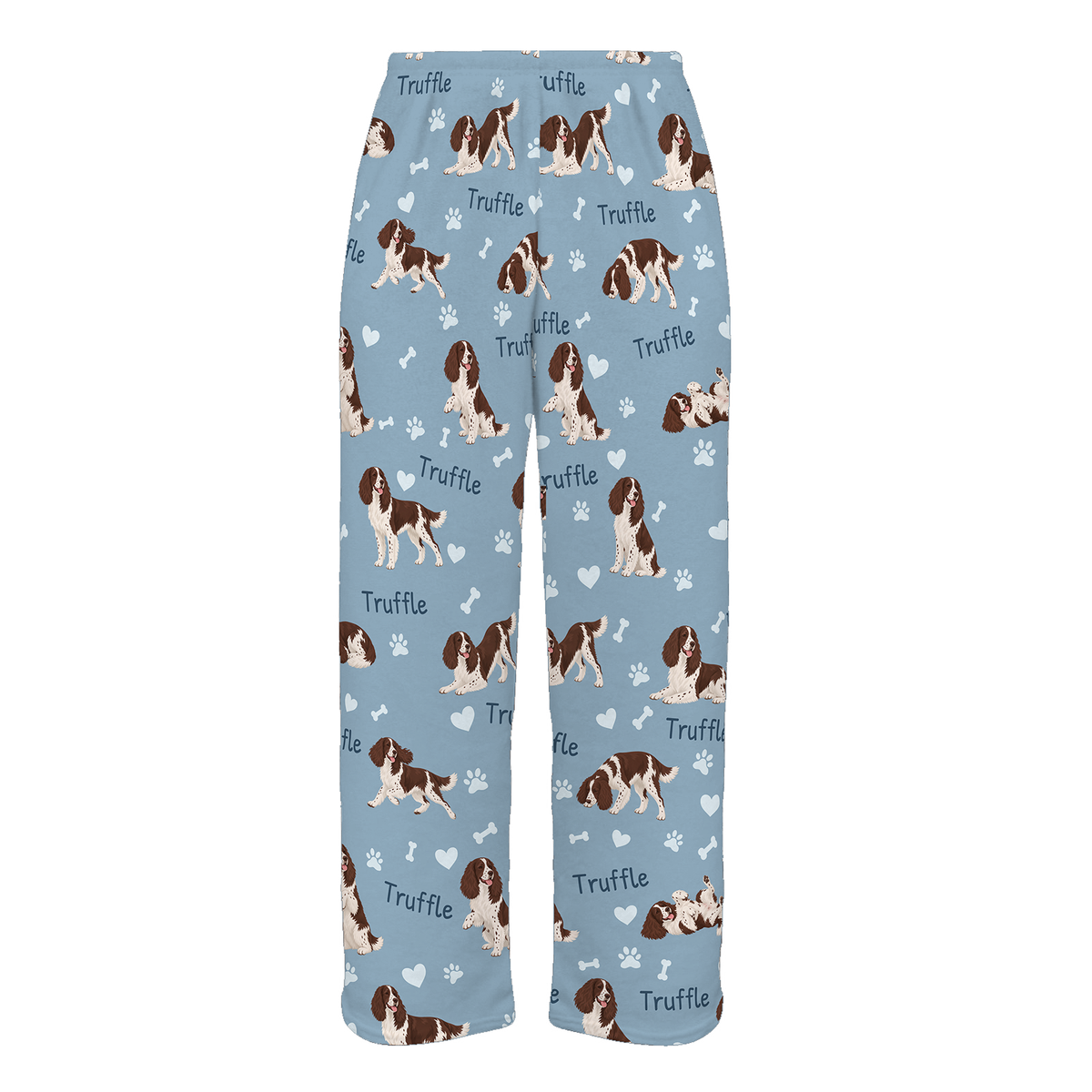 Personalized English Springer Spaniel Pajama Pants, Custom Pet Name Fleece Trousers, Dog Lover Gift — 02 Dusty Blue — full-trouser view