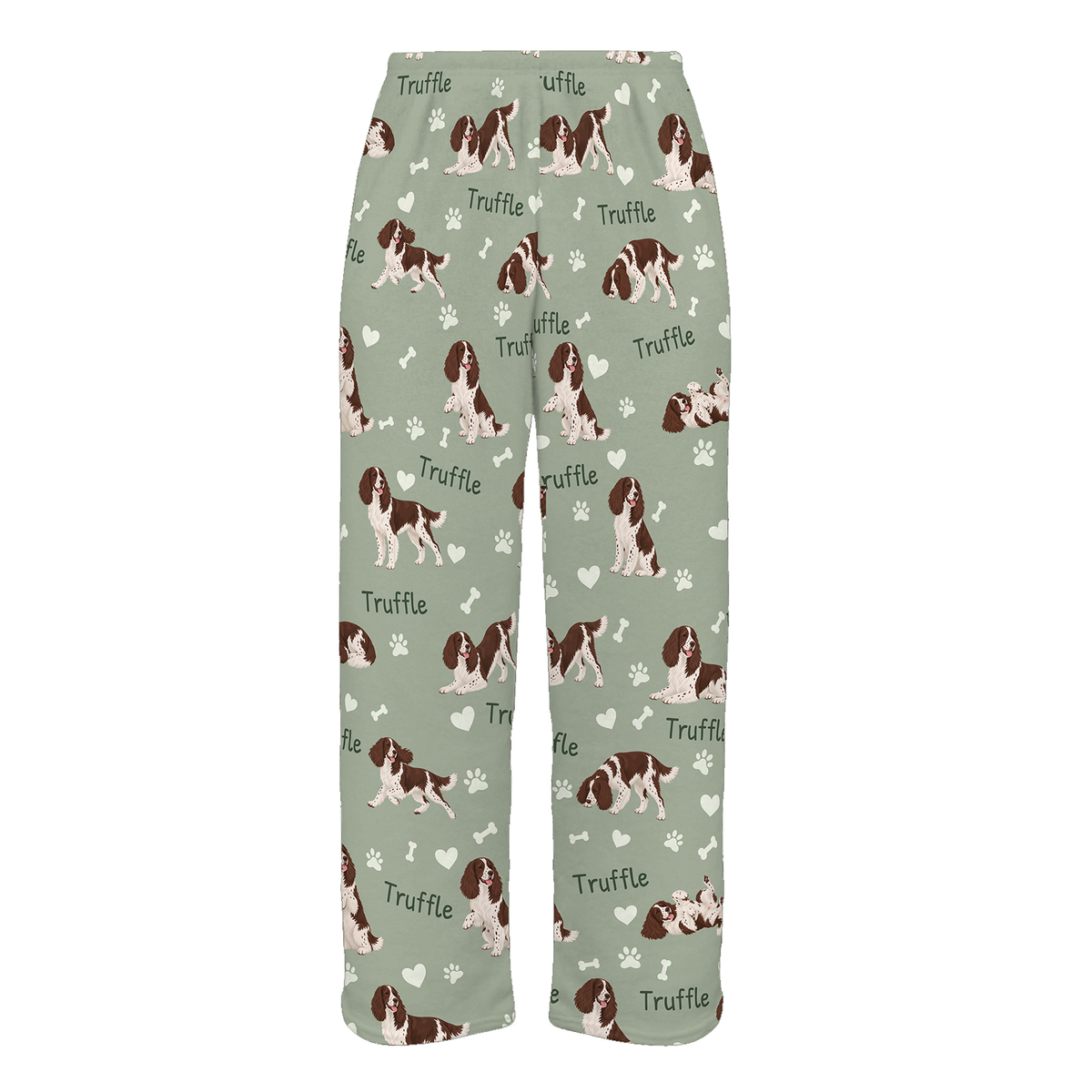 Personalized English Springer Spaniel Pajama Pants, Custom Pet Name Fleece Trousers, Dog Lover Gift — 03 Soft Sage — full-trouser view
