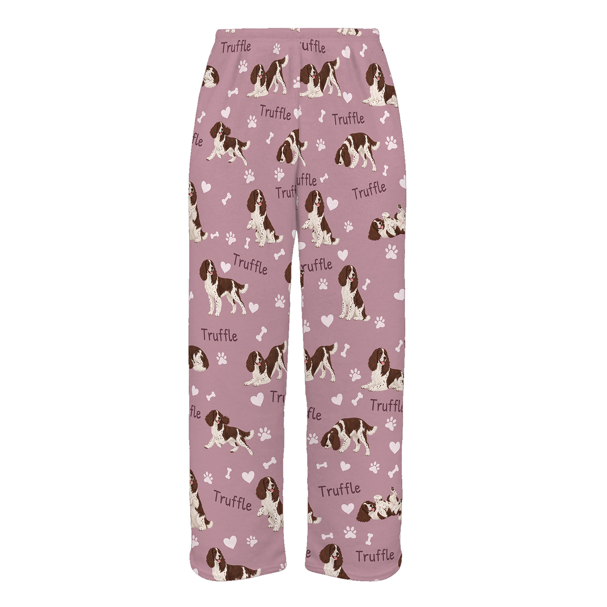 Personalized English Springer Spaniel Pajama Pants, Custom Pet Name Fleece Trousers, Dog Lover Gift — 04 Dusty Rose — full-trouser view