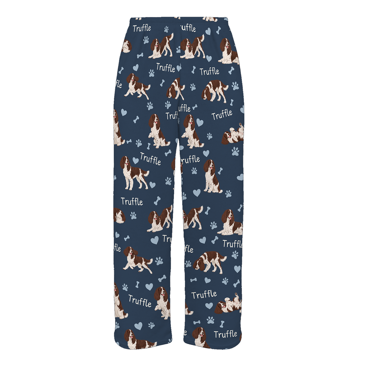 Personalized English Springer Spaniel Pajama Pants, Custom Pet Name Fleece Trousers, Dog Lover Gift — 05 Deep Navy — full-trouser view