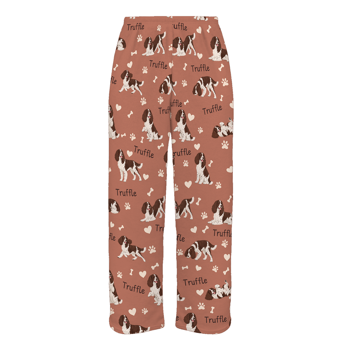 Personalized English Springer Spaniel Pajama Pants, Custom Pet Name Fleece Trousers, Dog Lover Gift — 06 Muted Terracotta — full-trouser view