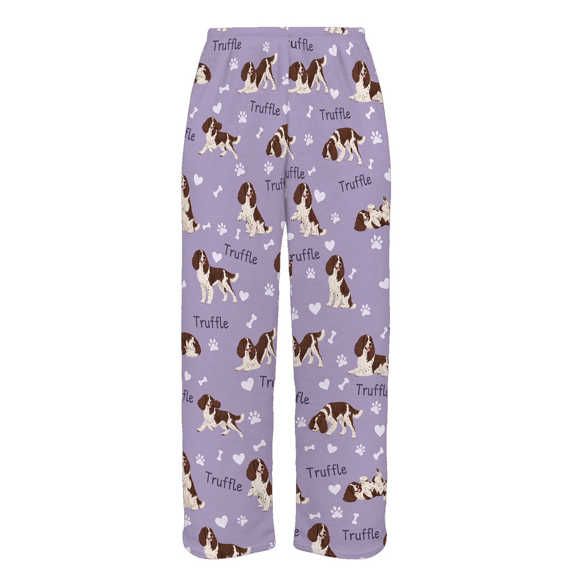Personalized English Springer Spaniel Pajama Pants, Custom Pet Name Fleece Trousers, Dog Lover Gift — As shown — full-trouser view