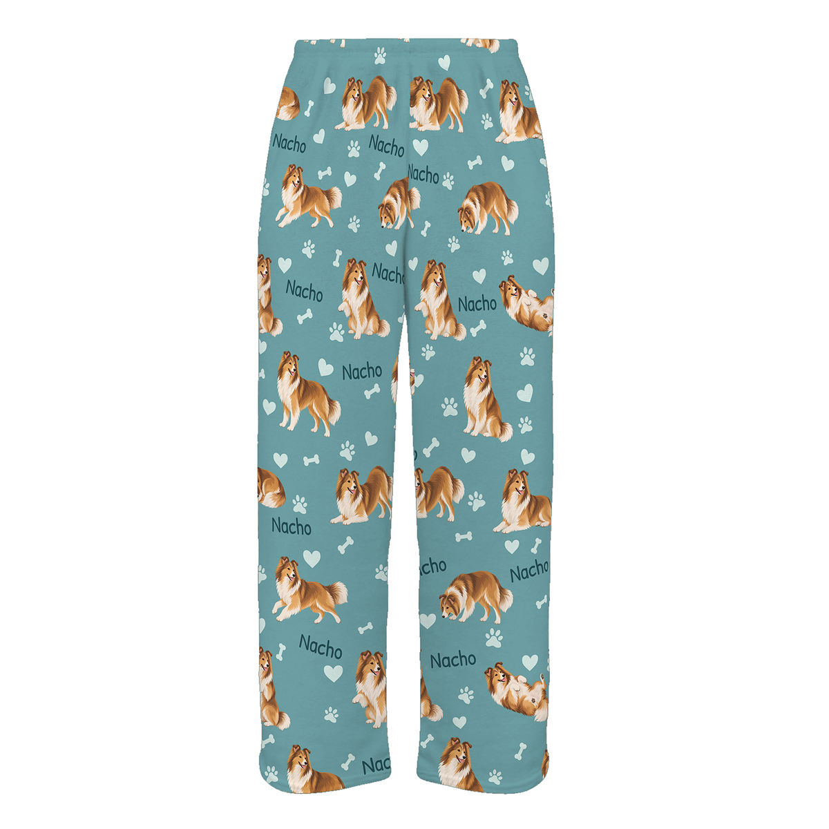 Personalized Shetland Sheepdog Pajama Pants, Custom Pet Name Fleece Trousers, Dog Lover Gift — 01 Muted Teal — full-trouser view