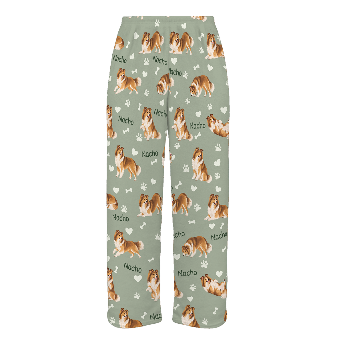 Personalized Shetland Sheepdog Pajama Pants, Custom Pet Name Fleece Trousers, Dog Lover Gift — 03 Soft Sage — full-trouser view
