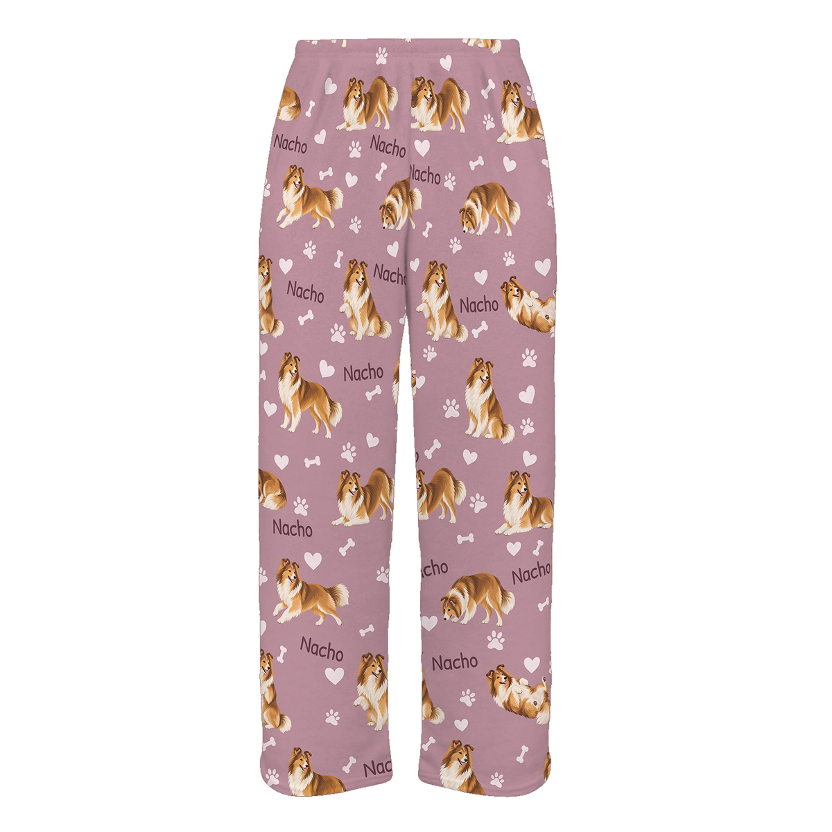 Personalized Shetland Sheepdog Pajama Pants, Custom Pet Name Fleece Trousers, Dog Lover Gift — 04 Dusty Rose — full-trouser view