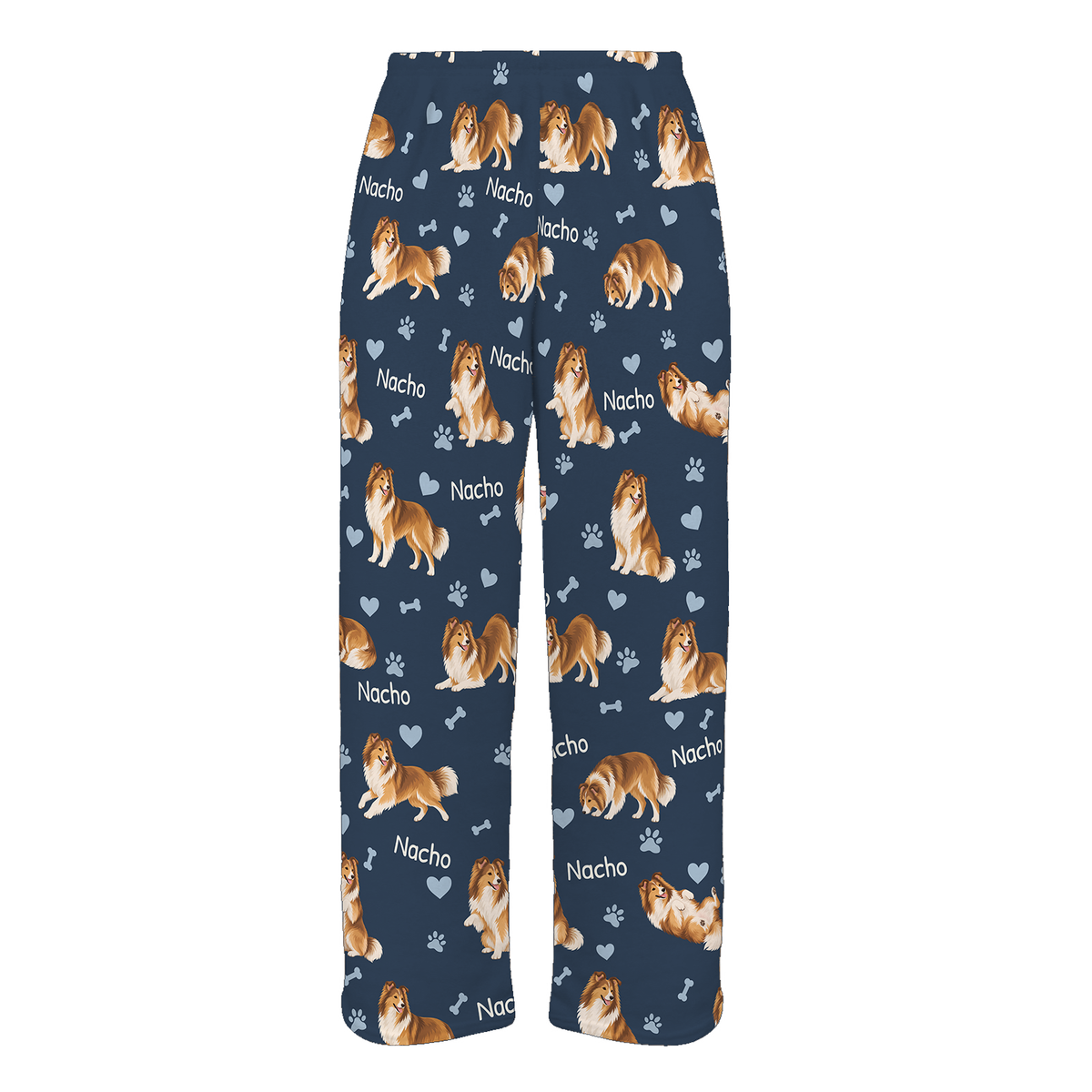 Personalized Shetland Sheepdog Pajama Pants, Custom Pet Name Fleece Trousers, Dog Lover Gift — 05 Deep Navy — full-trouser view