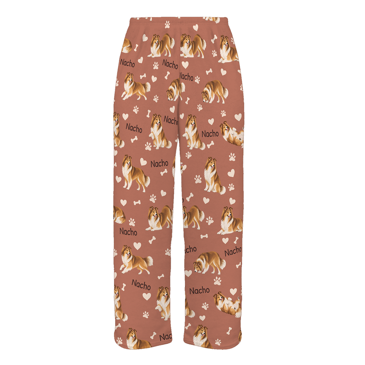 Personalized Shetland Sheepdog Pajama Pants, Custom Pet Name Fleece Trousers, Dog Lover Gift — 06 Muted Terracotta — full-trouser view