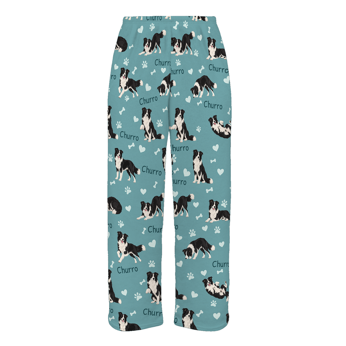 Personalized Border Collie Pajama Pants, Custom Pet Name Fleece Trousers, Dog Lover Gift — 01 Muted Teal — full-trouser view
