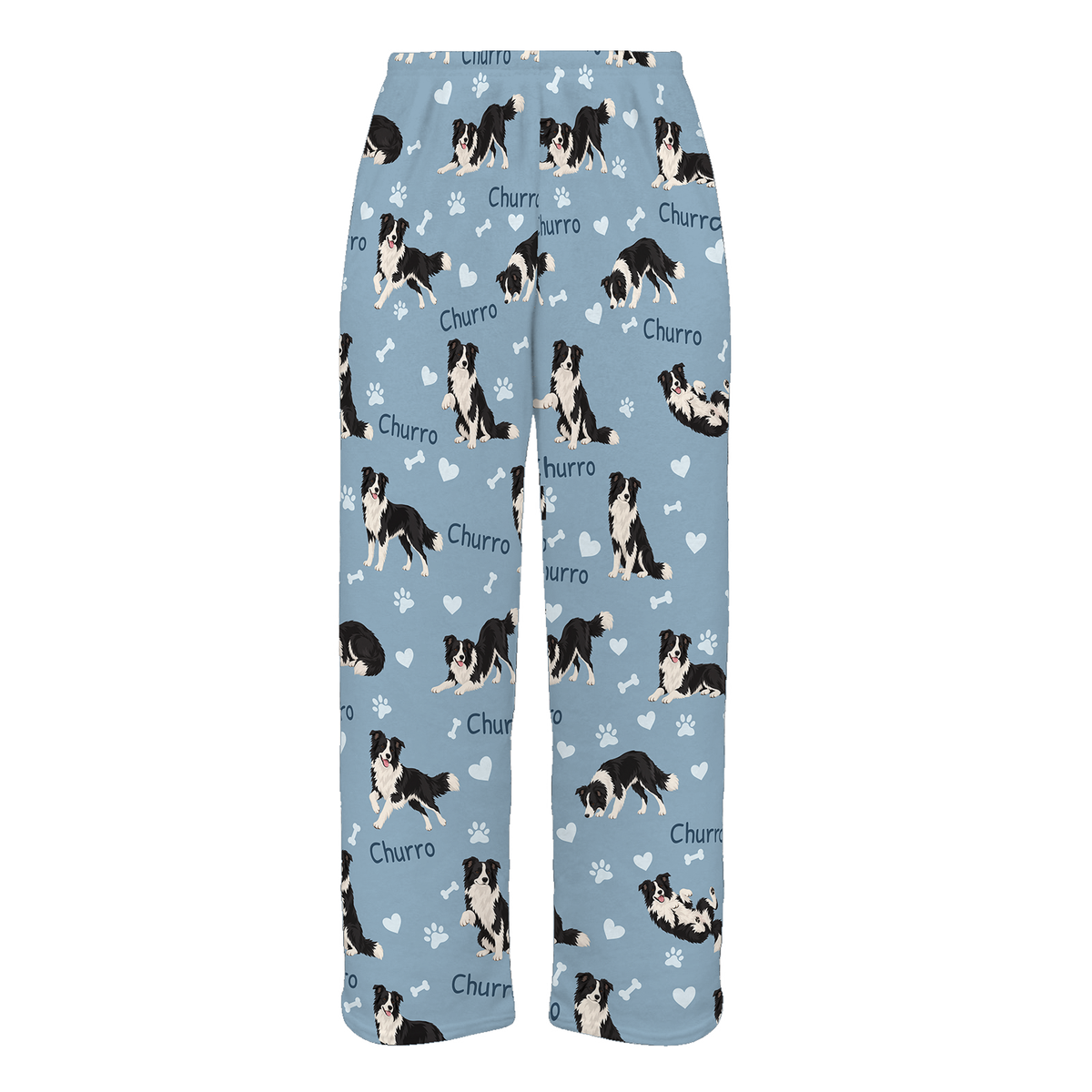 Personalized Border Collie Pajama Pants, Custom Pet Name Fleece Trousers, Dog Lover Gift — 02 Dusty Blue — full-trouser view