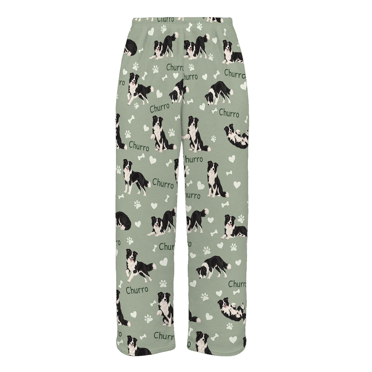 Personalized Border Collie Pajama Pants, Custom Pet Name Fleece Trousers, Dog Lover Gift — 03 Soft Sage — full-trouser view