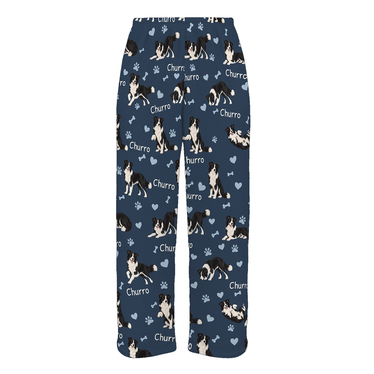 Personalized Border Collie Pajama Pants, Custom Pet Name Fleece Trousers, Dog Lover Gift — 05 Deep Navy — full-trouser view