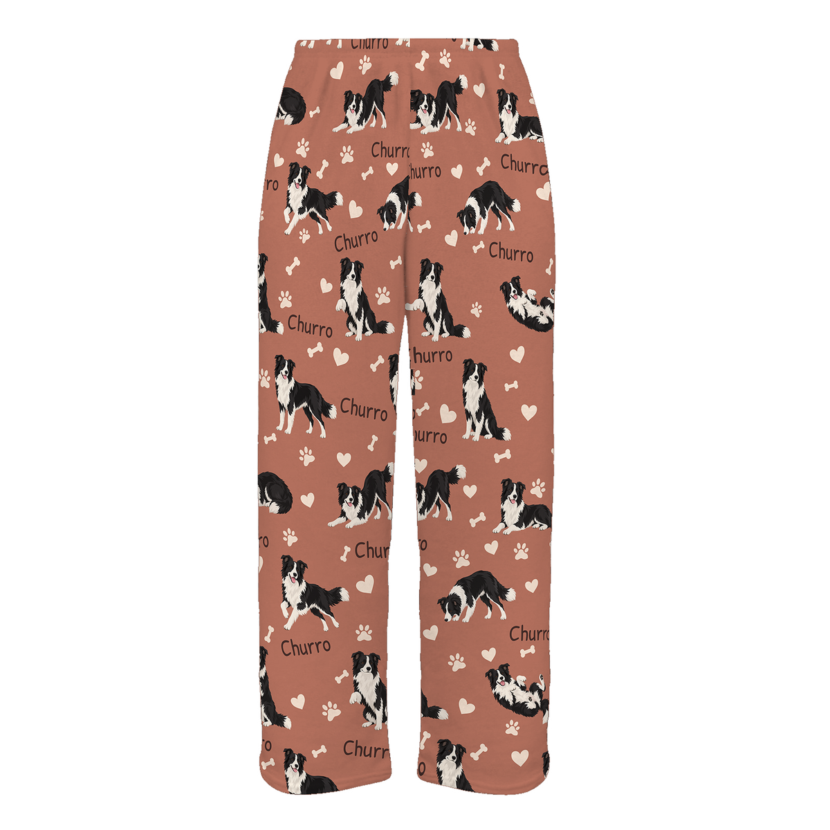Personalized Border Collie Pajama Pants, Custom Pet Name Fleece Trousers, Dog Lover Gift — 06 Muted Terracotta — full-trouser view
