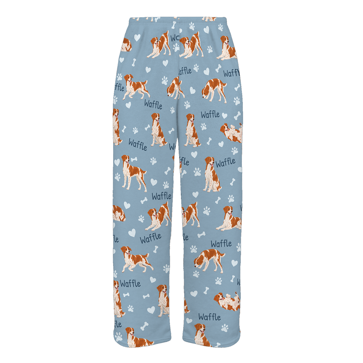 Personalized Brittany Pajama Pants, Custom Pet Name Fleece Trousers, Dog Lover Gift — 02 Dusty Blue — full-trouser view
