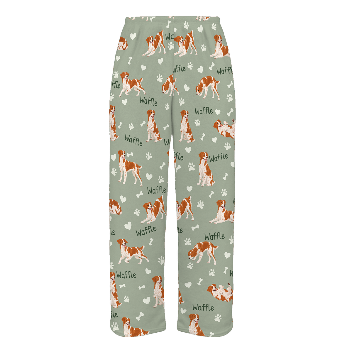 Personalized Brittany Pajama Pants, Custom Pet Name Fleece Trousers, Dog Lover Gift — 03 Soft Sage — full-trouser view