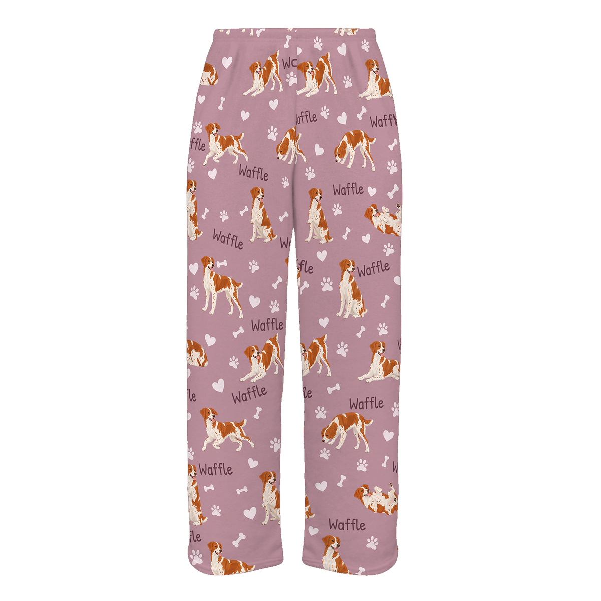 Personalized Brittany Pajama Pants, Custom Pet Name Fleece Trousers, Dog Lover Gift — 04 Dusty Rose — full-trouser view