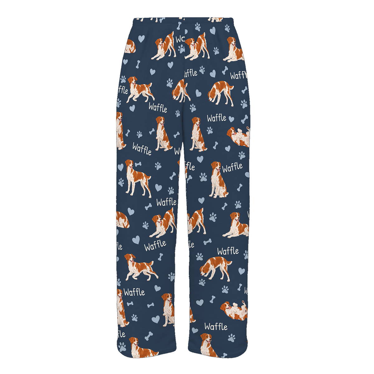Personalized Brittany Pajama Pants, Custom Pet Name Fleece Trousers, Dog Lover Gift — 05 Deep Navy — full-trouser view