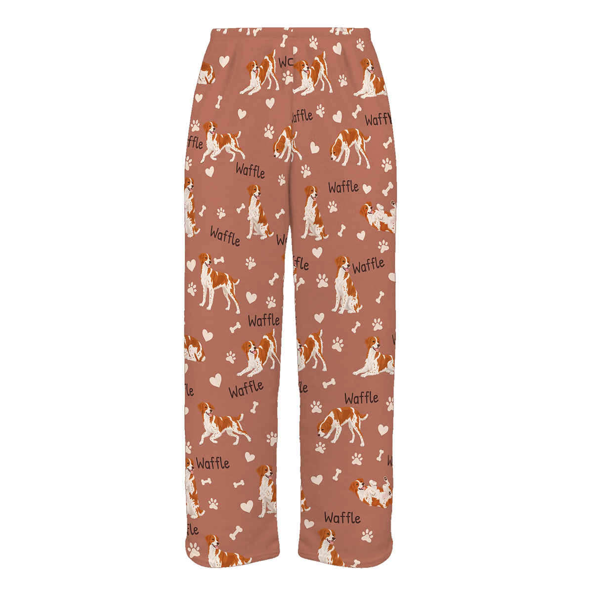 Personalized Brittany Pajama Pants, Custom Pet Name Fleece Trousers, Dog Lover Gift — 06 Muted Terracotta — full-trouser view