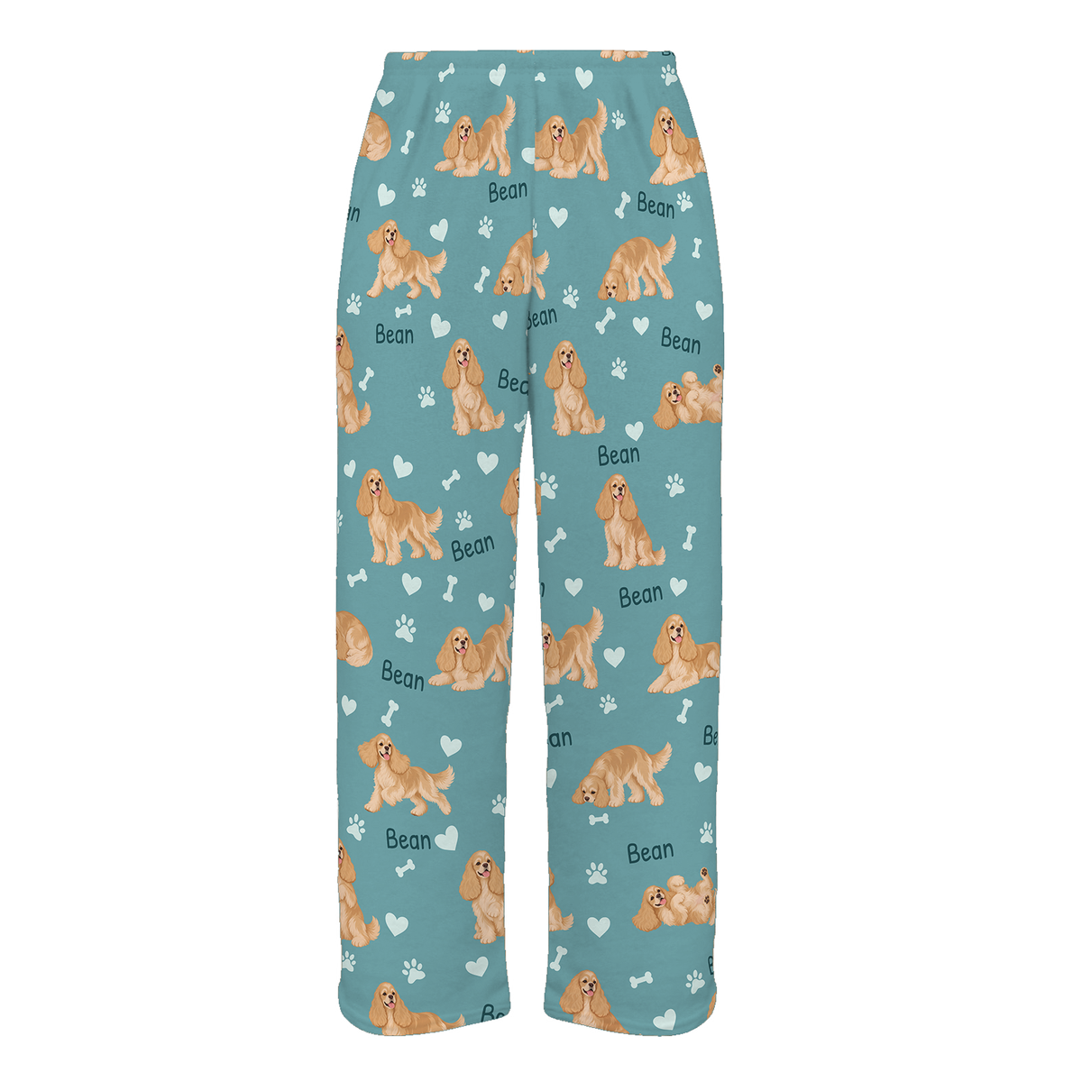 Personalized Cocker Spaniel Pajama Pants, Custom Pet Name Fleece Trousers, Dog Lover Gift — 01 Muted Teal — full-trouser view