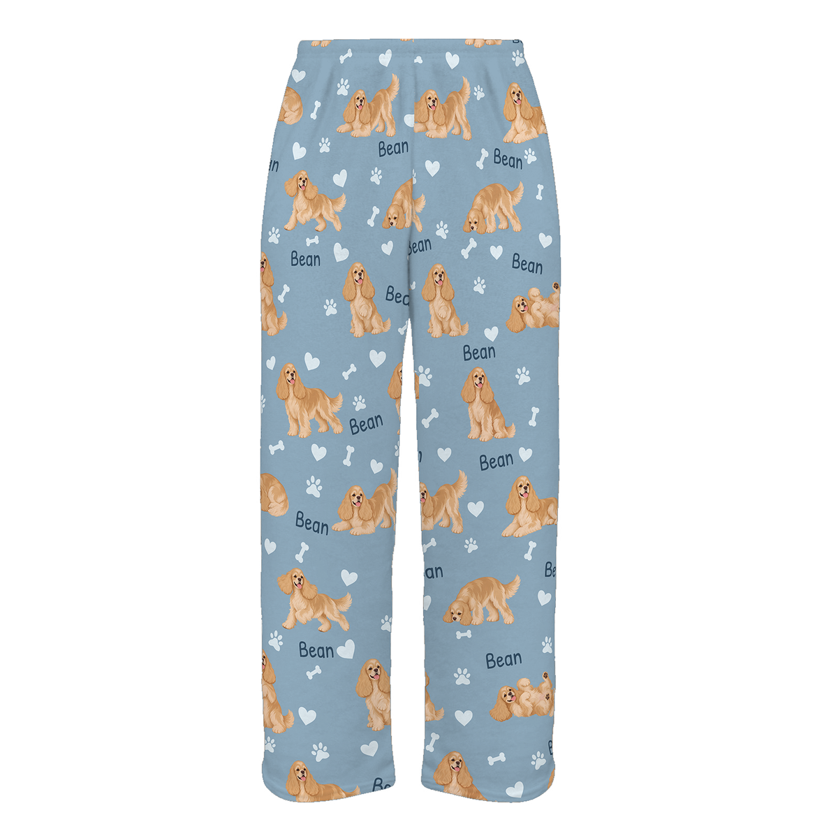 Personalized Cocker Spaniel Pajama Pants, Custom Pet Name Fleece Trousers, Dog Lover Gift — 02 Dusty Blue — full-trouser view