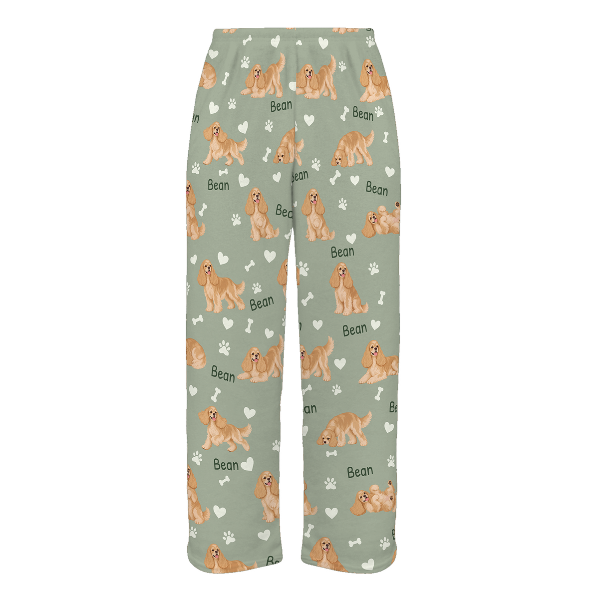 Personalized Cocker Spaniel Pajama Pants, Custom Pet Name Fleece Trousers, Dog Lover Gift — 03 Soft Sage — full-trouser view