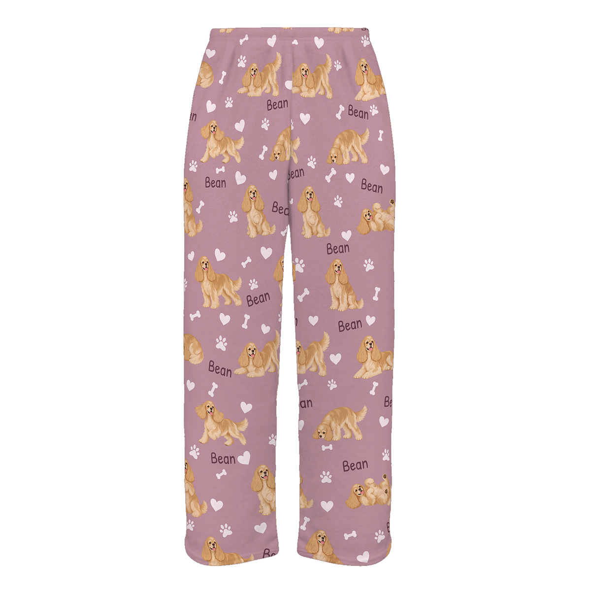 Personalized Cocker Spaniel Pajama Pants, Custom Pet Name Fleece Trousers, Dog Lover Gift — 04 Dusty Rose — full-trouser view