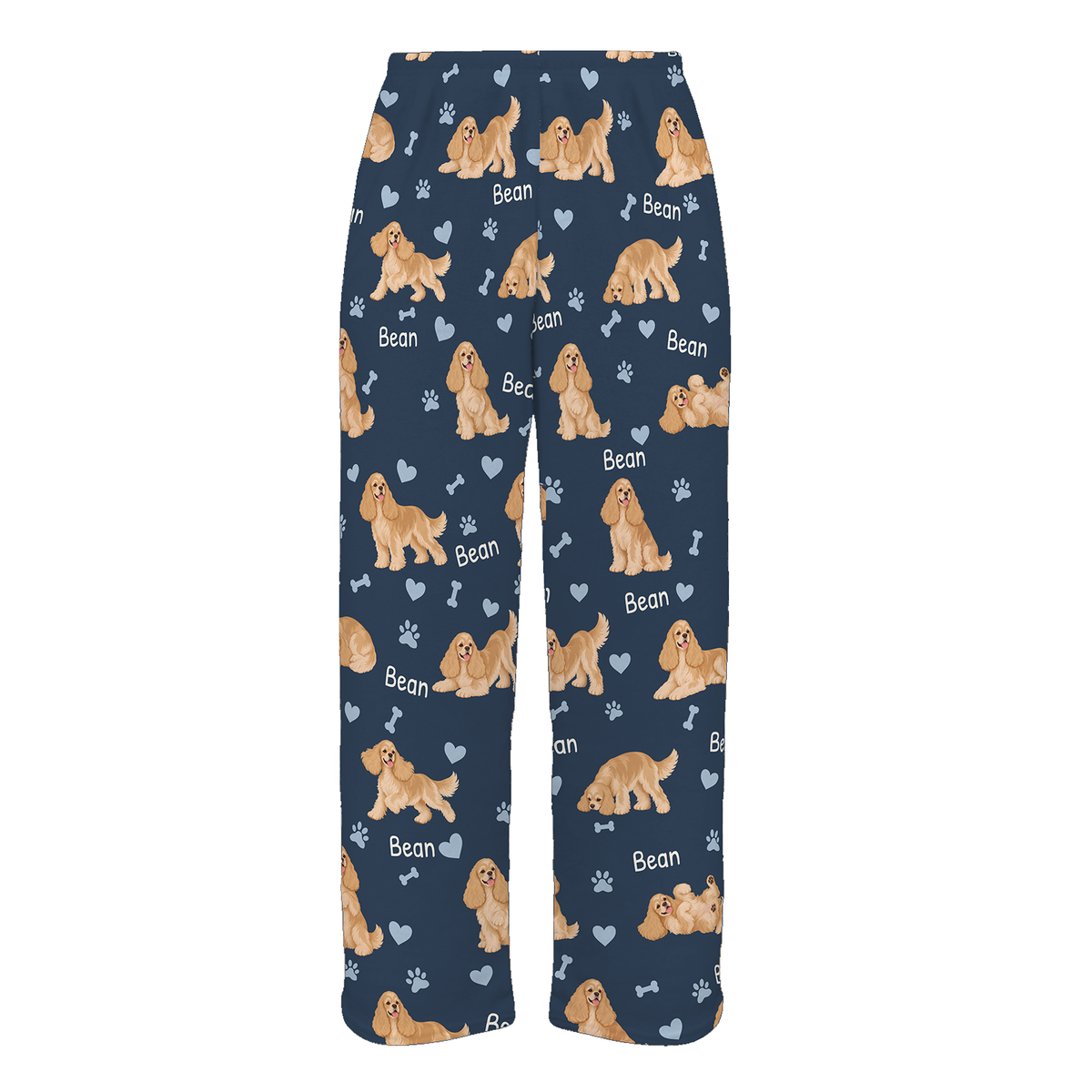 Personalized Cocker Spaniel Pajama Pants, Custom Pet Name Fleece Trousers, Dog Lover Gift — 05 Deep Navy — full-trouser view