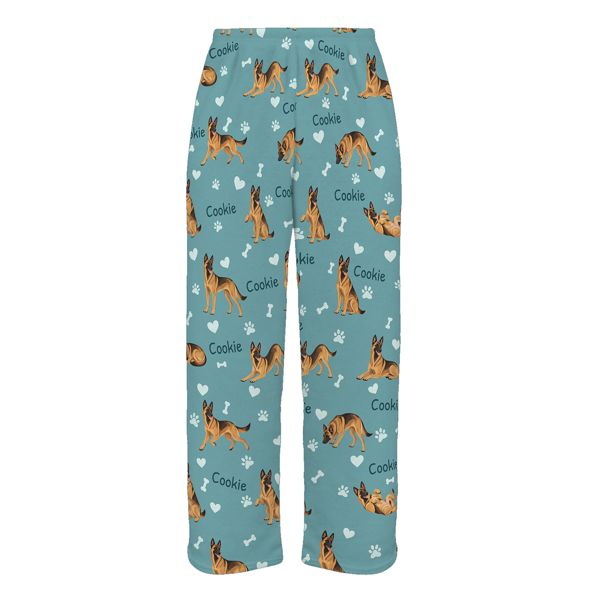 Personalized Belgian Malinois Pajama Pants, Custom Pet Name Fleece Trousers, Dog Lover Gift — 01 Muted Teal — full-trouser view