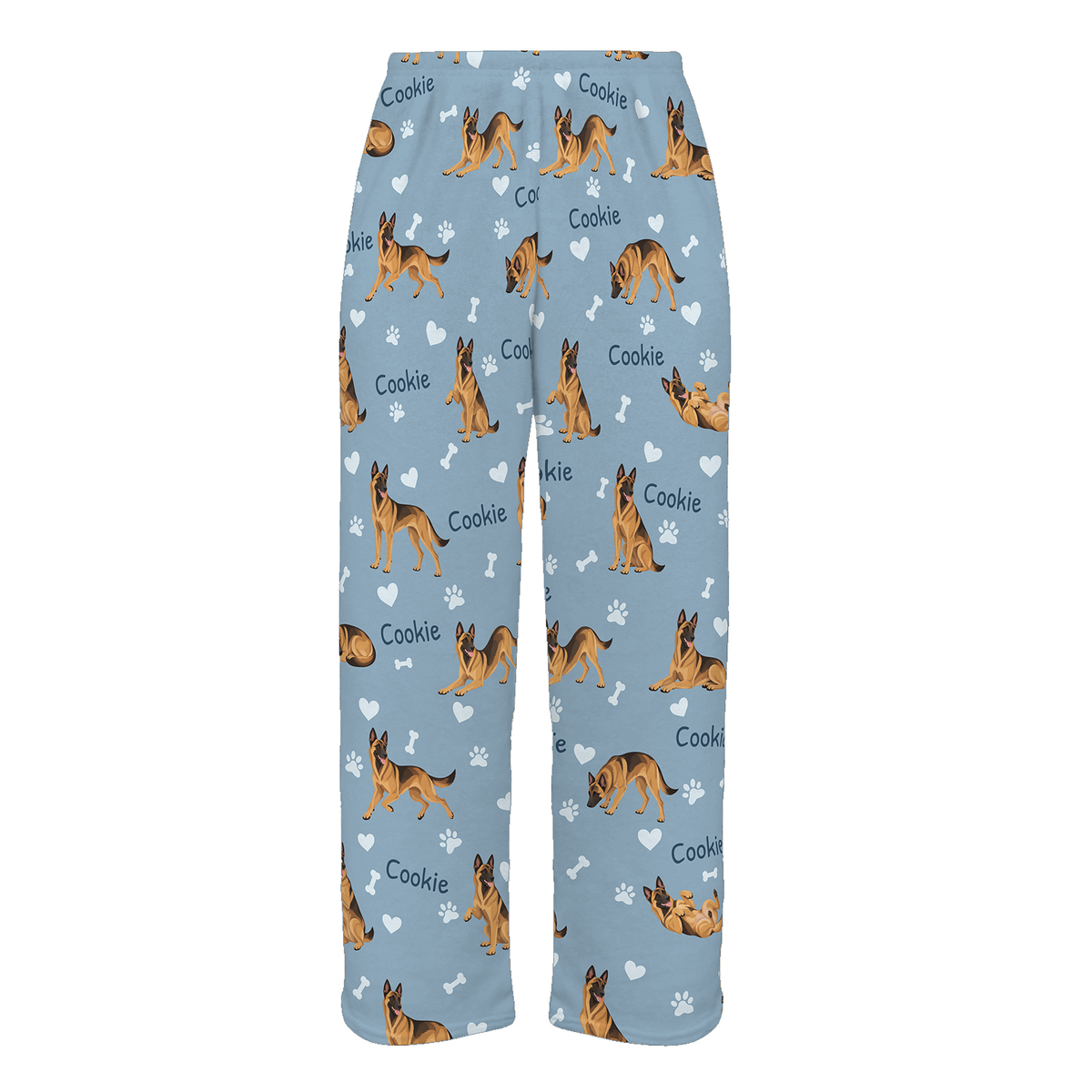 Personalized Belgian Malinois Pajama Pants, Custom Pet Name Fleece Trousers, Dog Lover Gift — 02 Dusty Blue — full-trouser view