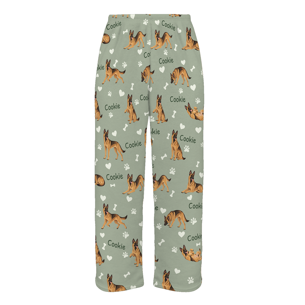 Personalized Belgian Malinois Pajama Pants, Custom Pet Name Fleece Trousers, Dog Lover Gift — 03 Soft Sage — full-trouser view