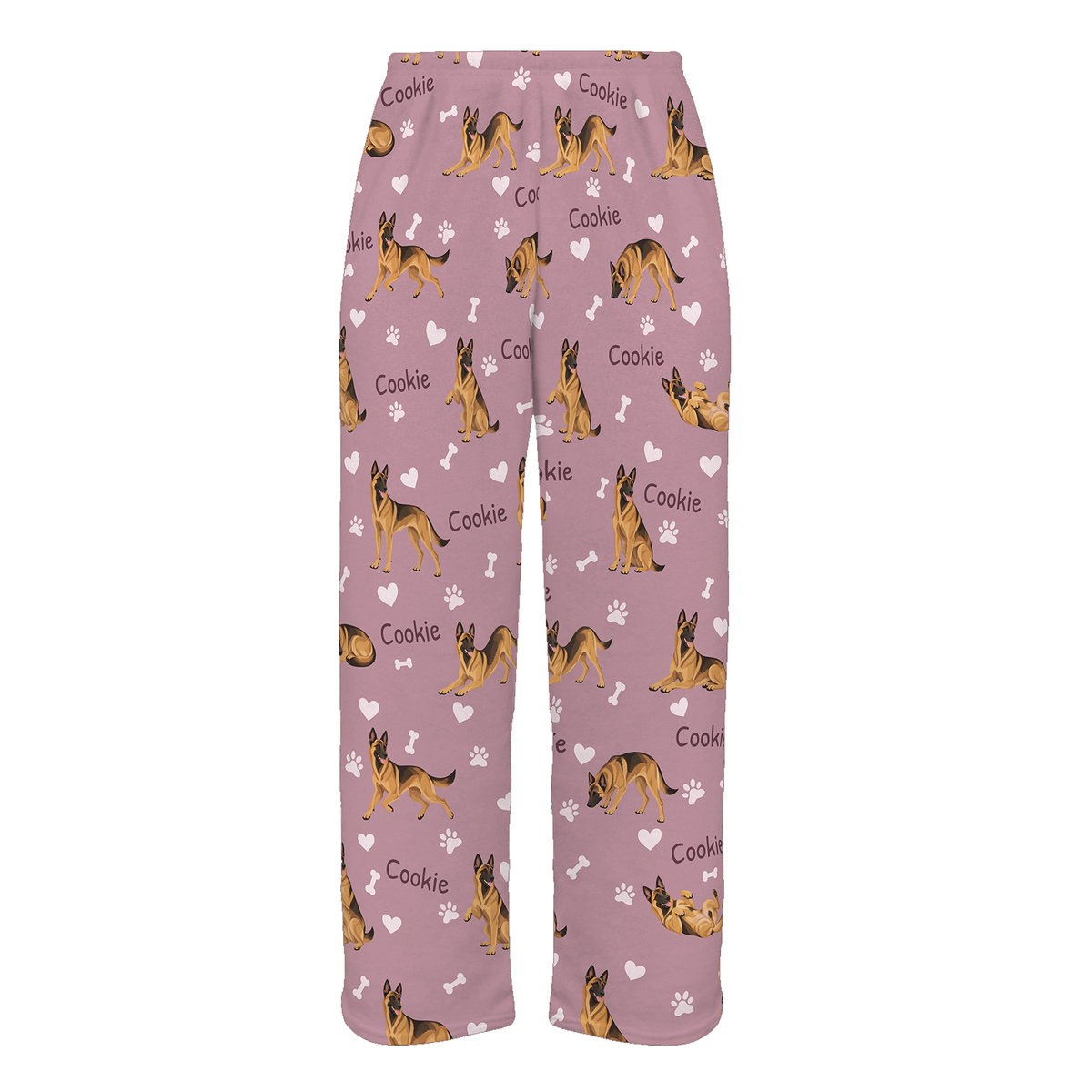 Personalized Belgian Malinois Pajama Pants, Custom Pet Name Fleece Trousers, Dog Lover Gift — 04 Dusty Rose — full-trouser view