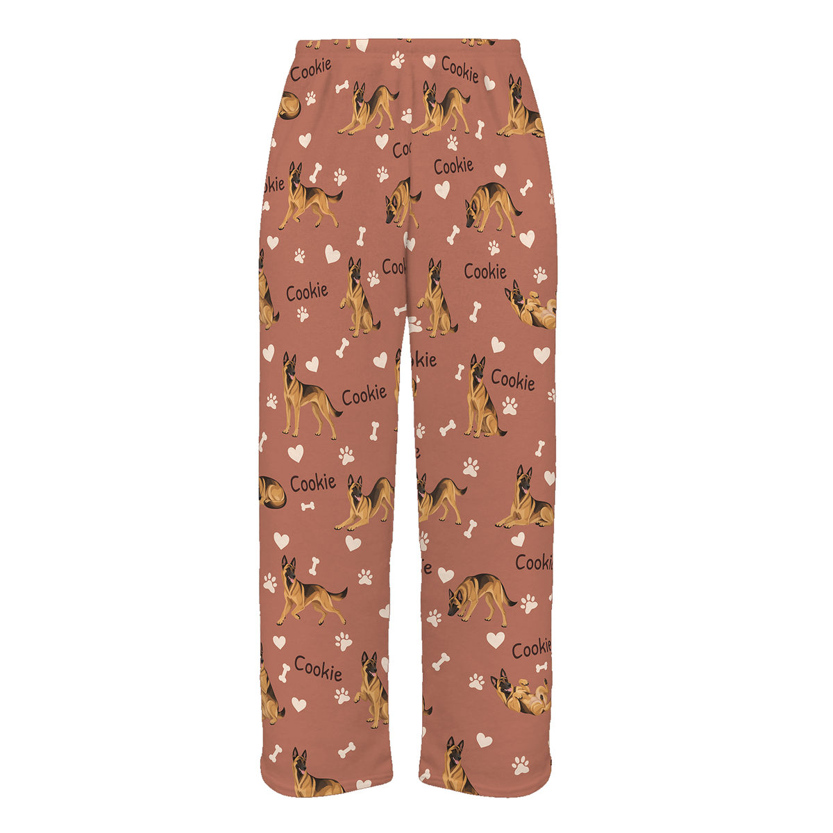 Personalized Belgian Malinois Pajama Pants, Custom Pet Name Fleece Trousers, Dog Lover Gift — 06 Muted Terracotta — full-trouser view