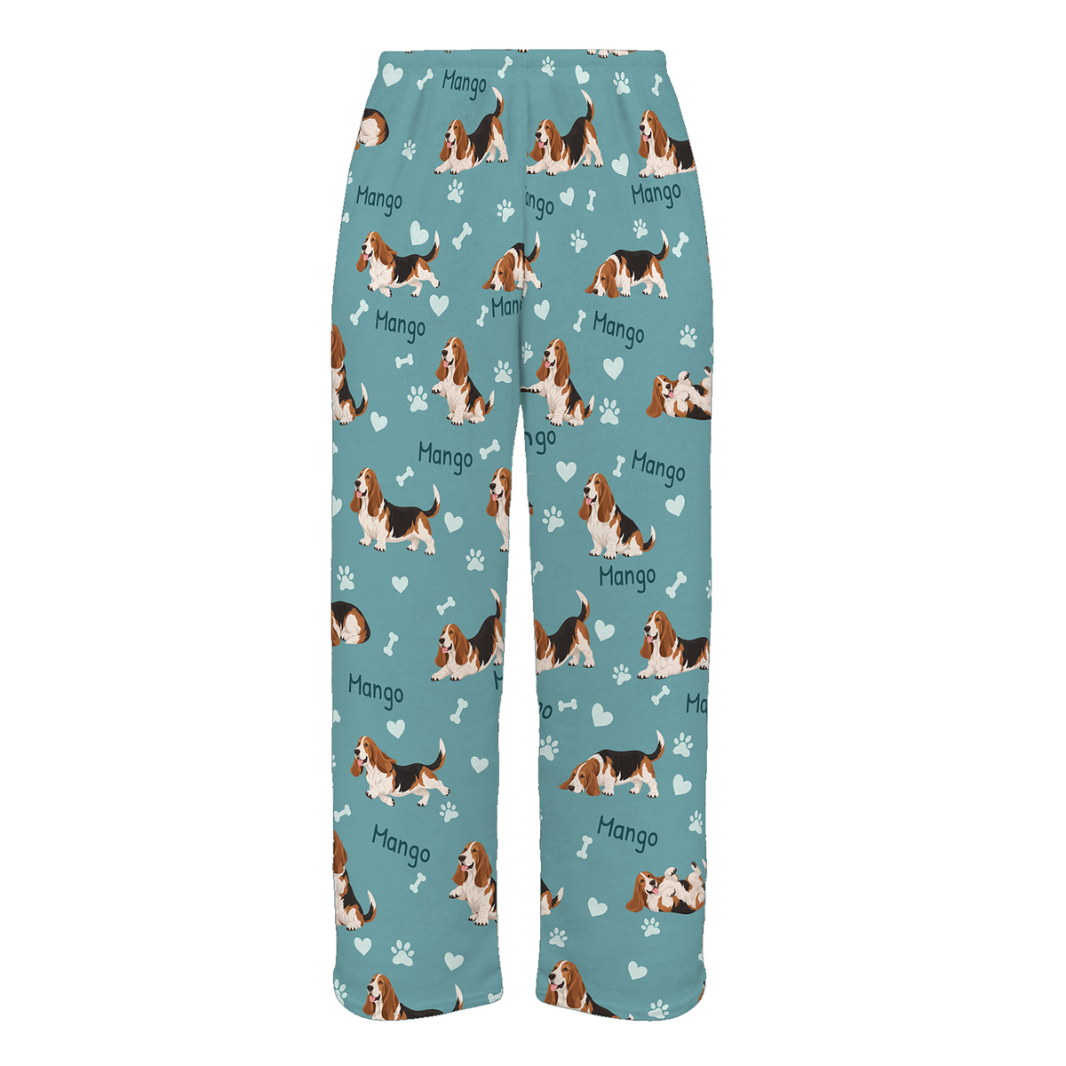 Personalized Basset Hound Pajama Pants, Custom Pet Name Fleece Trousers, Dog Lover Gift — 01 Muted Teal — full-trouser view