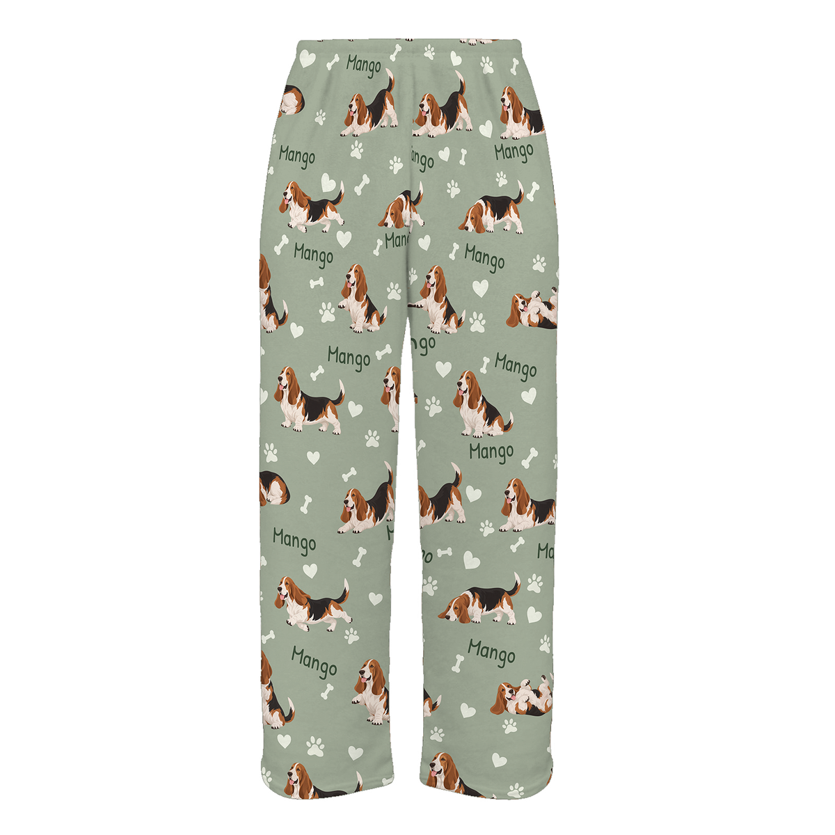 Personalized Basset Hound Pajama Pants, Custom Pet Name Fleece Trousers, Dog Lover Gift — 03 Soft Sage — full-trouser view
