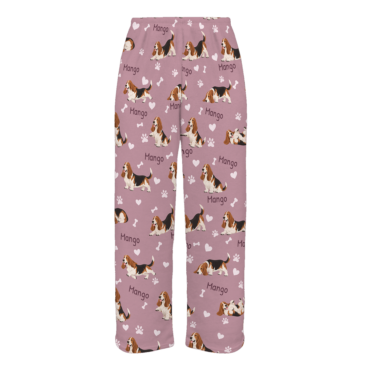 Personalized Basset Hound Pajama Pants, Custom Pet Name Fleece Trousers, Dog Lover Gift — 04 Dusty Rose — full-trouser view