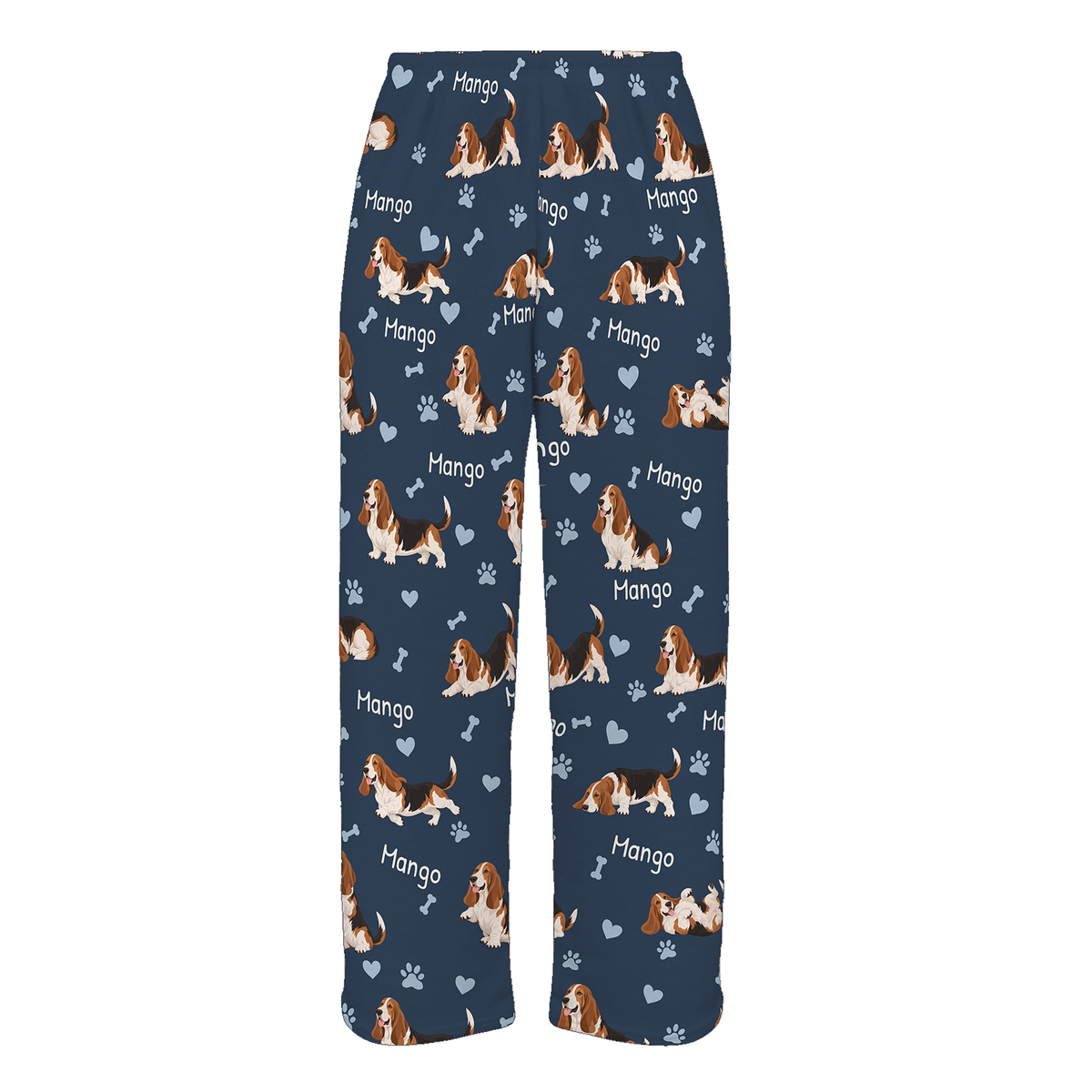 Personalized Basset Hound Pajama Pants, Custom Pet Name Fleece Trousers, Dog Lover Gift — 05 Deep Navy — full-trouser view