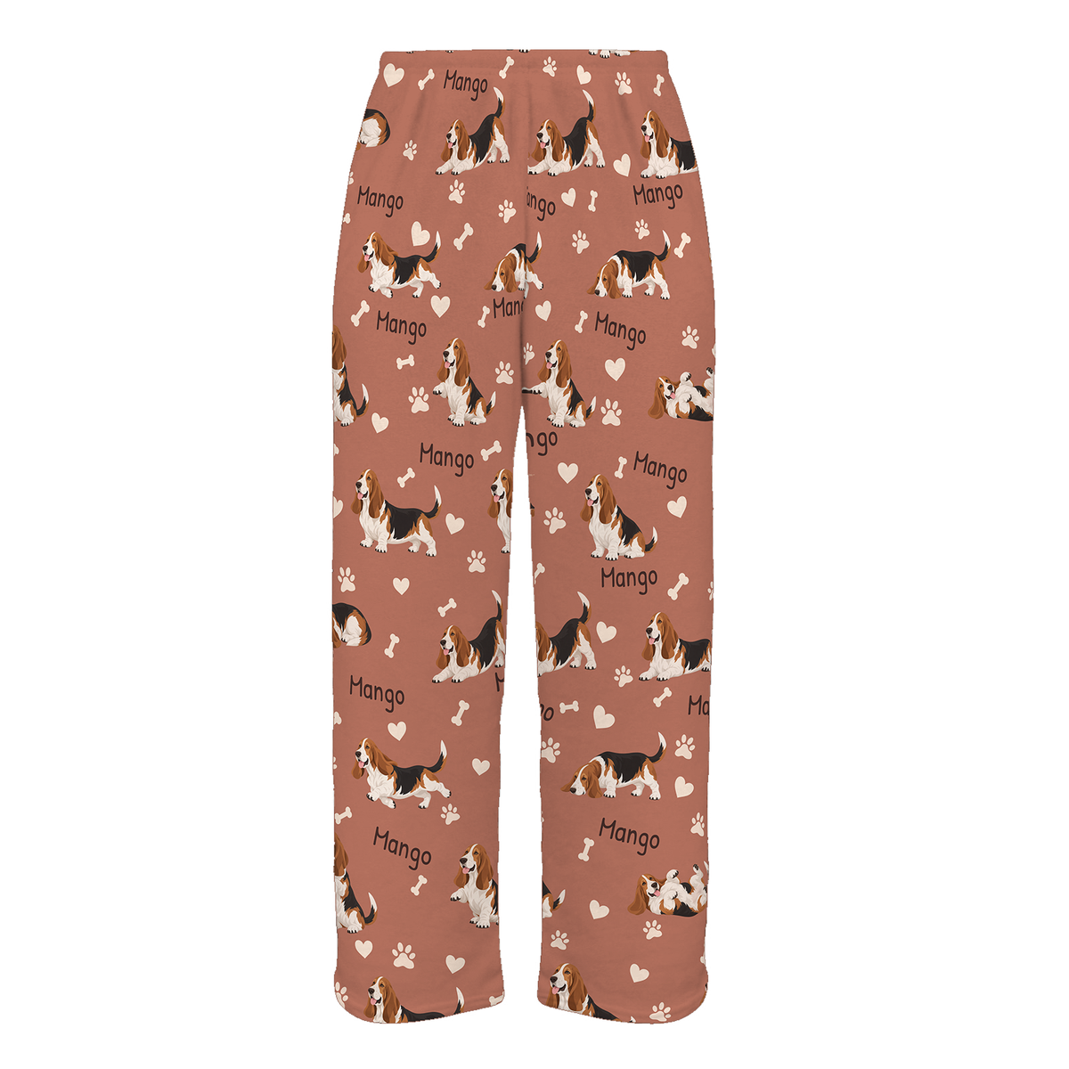 Personalized Basset Hound Pajama Pants, Custom Pet Name Fleece Trousers, Dog Lover Gift — 06 Muted Terracotta — full-trouser view