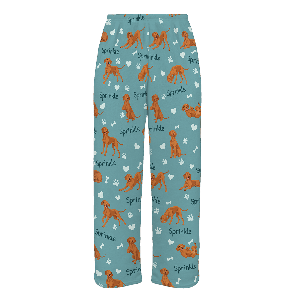 Personalized Vizsla Pajama Pants, Custom Pet Name Fleece Trousers, Dog Lover Gift — 01 Muted Teal — full-trouser view
