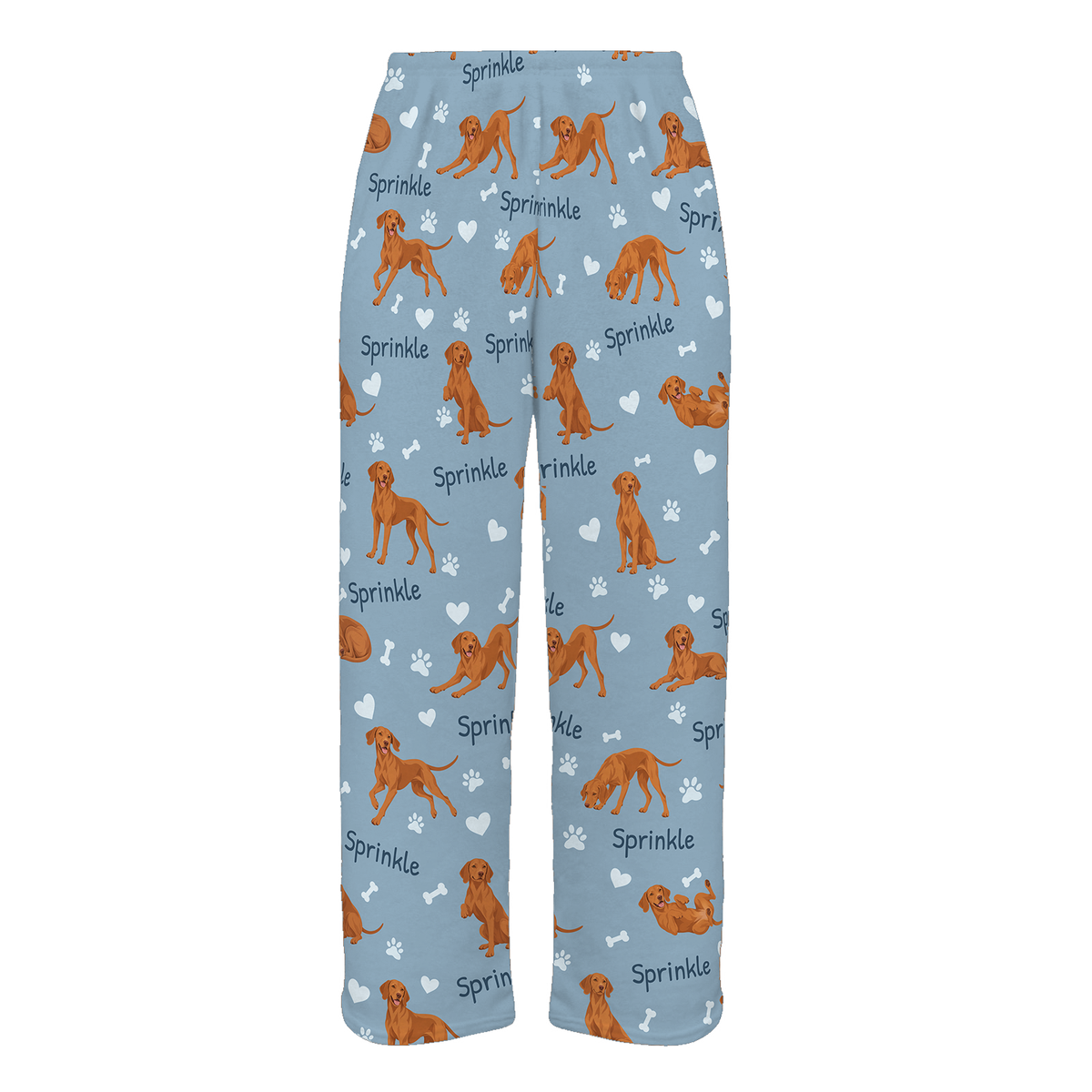 Personalized Vizsla Pajama Pants, Custom Pet Name Fleece Trousers, Dog Lover Gift — 02 Dusty Blue — full-trouser view
