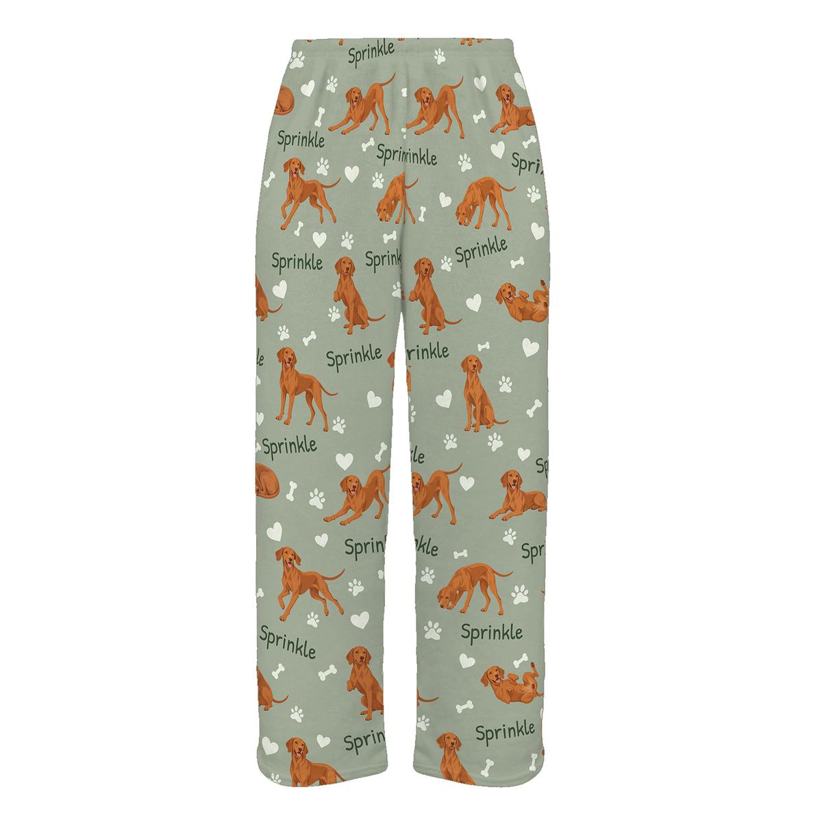 Personalized Vizsla Pajama Pants, Custom Pet Name Fleece Trousers, Dog Lover Gift — 03 Soft Sage — full-trouser view