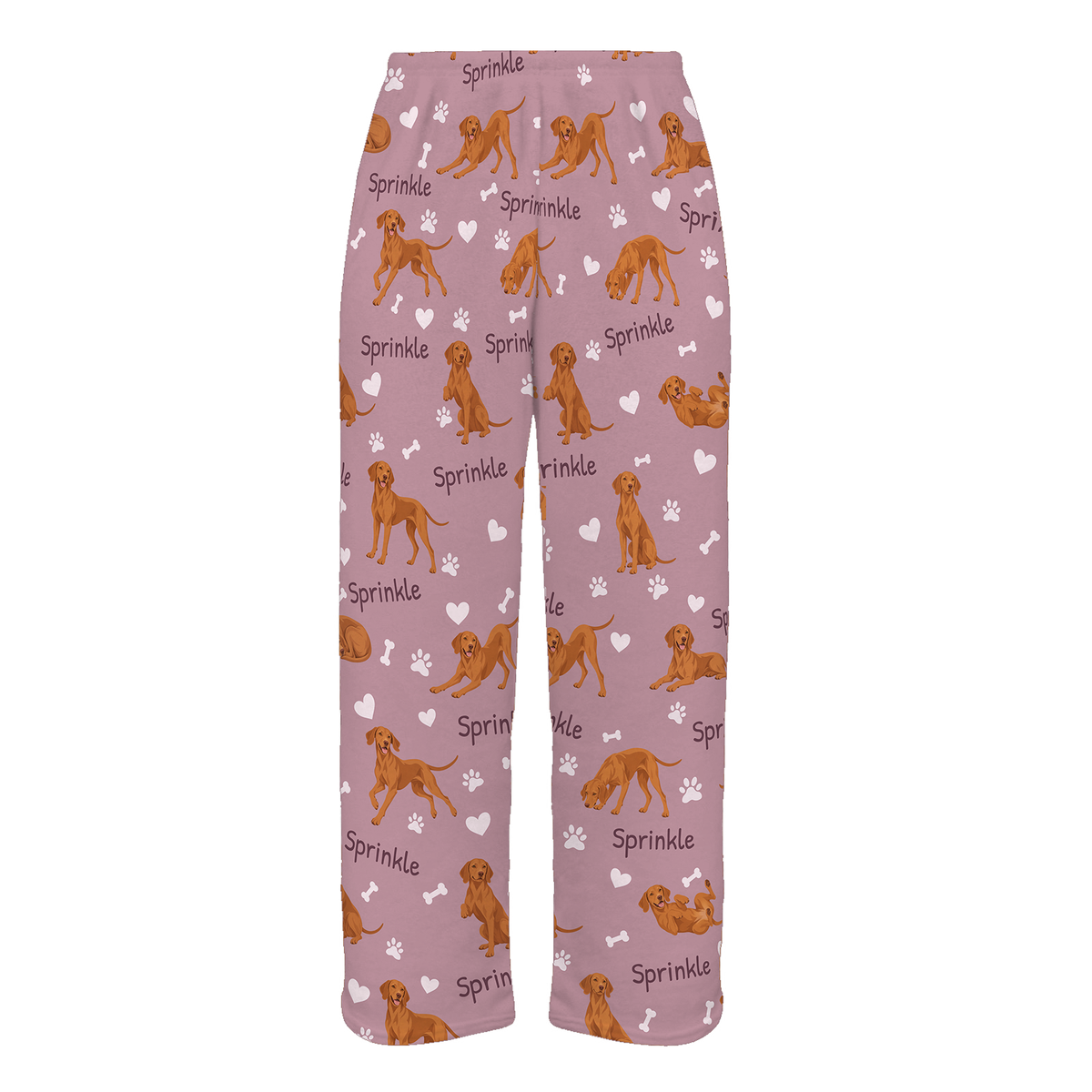 Personalized Vizsla Pajama Pants, Custom Pet Name Fleece Trousers, Dog Lover Gift — 04 Dusty Rose — full-trouser view