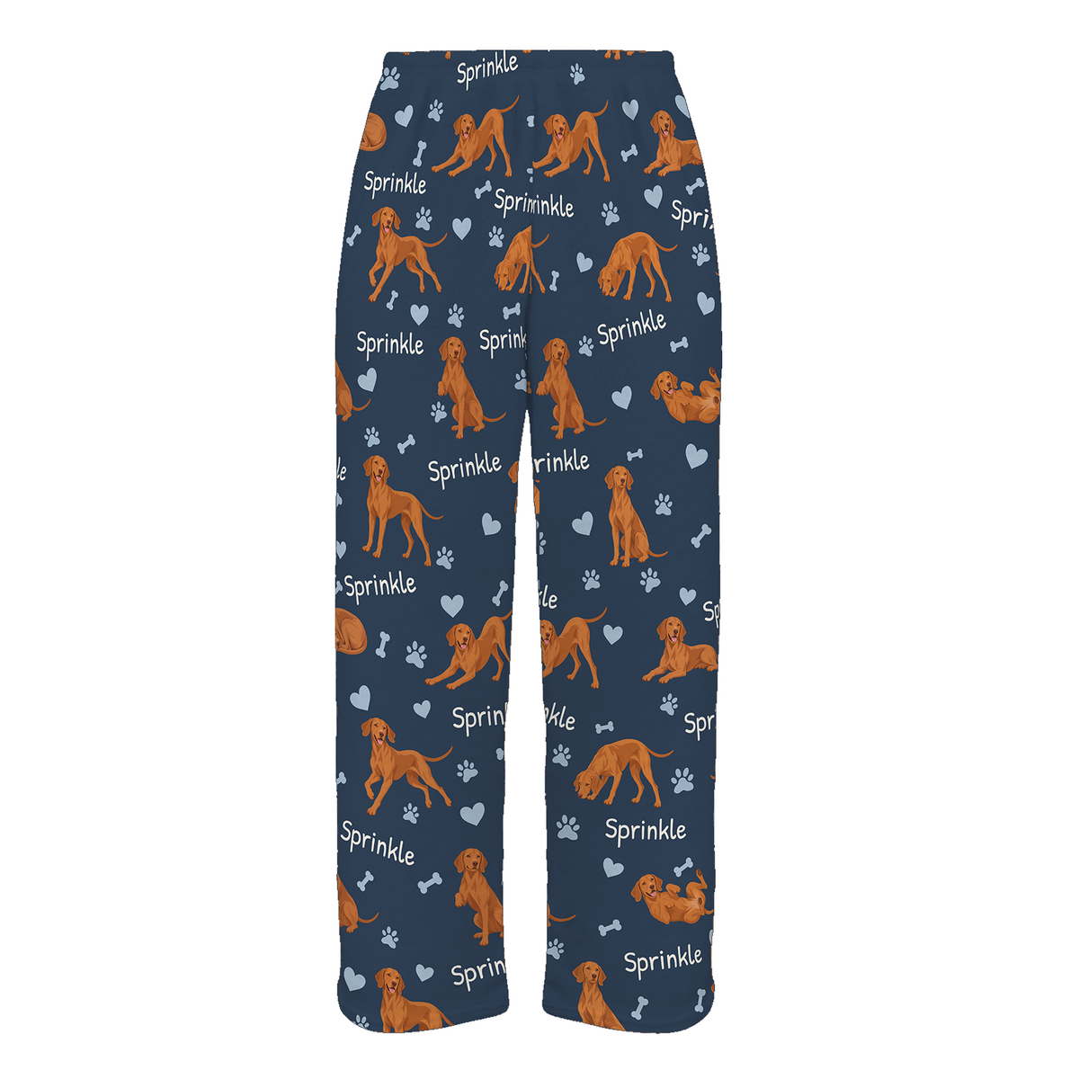 Personalized Vizsla Pajama Pants, Custom Pet Name Fleece Trousers, Dog Lover Gift — 05 Deep Navy — full-trouser view