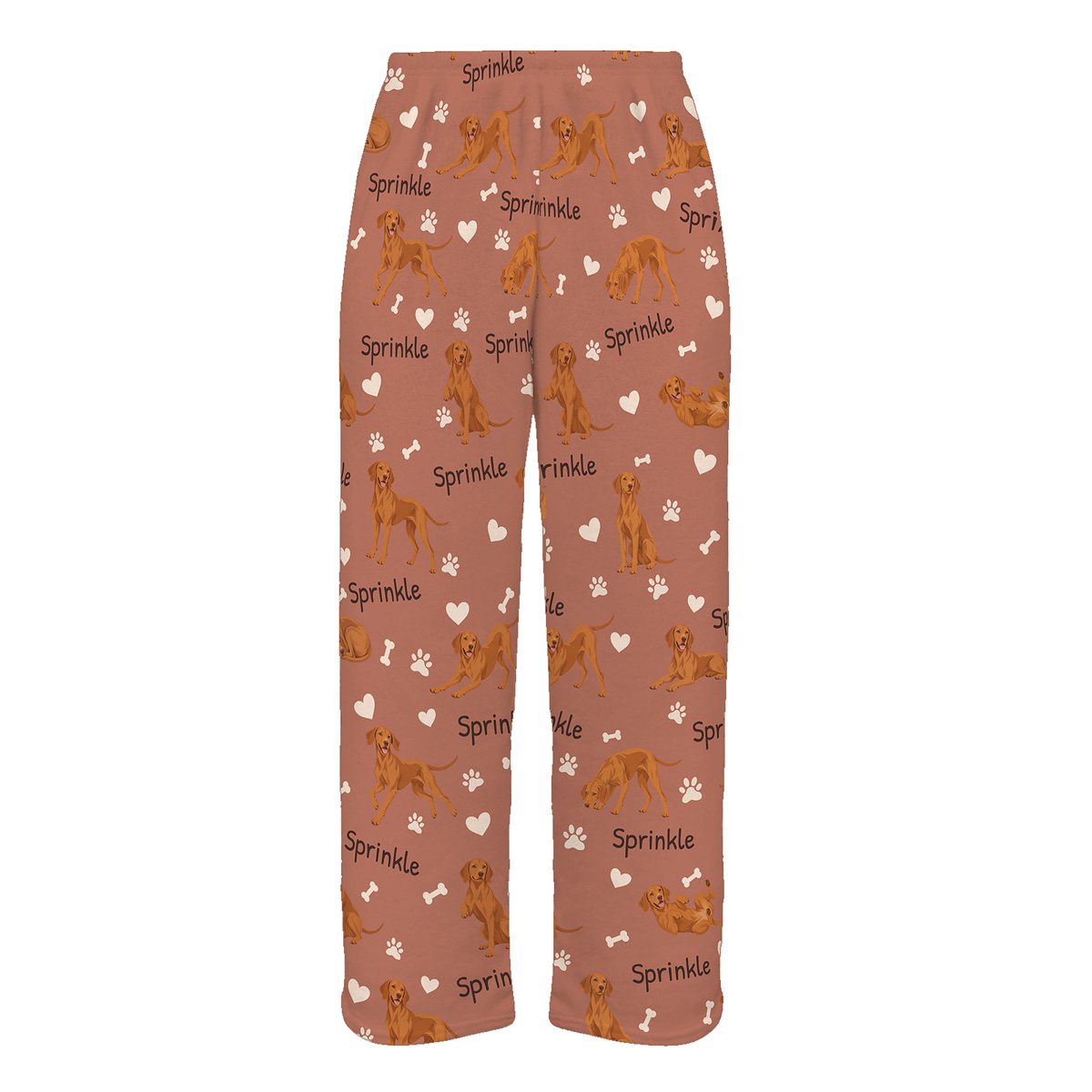 Personalized Vizsla Pajama Pants, Custom Pet Name Fleece Trousers, Dog Lover Gift — 06 Muted Terracotta — full-trouser view